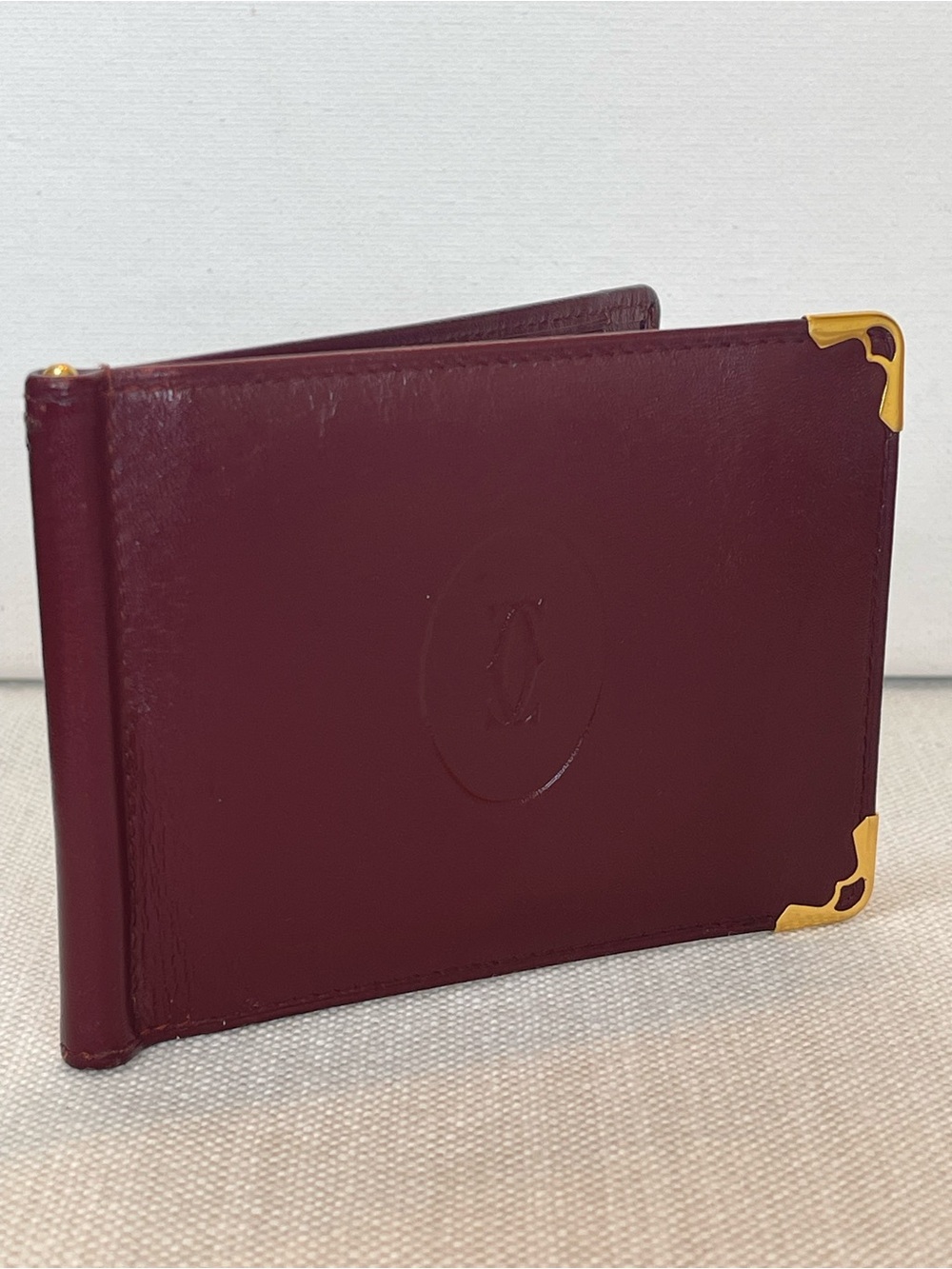 LIKE NEW CARTIER VINTAGE BORDEAUX CALFSKIN LEATHER MONEY CLIP SLIM WALLET PARIS